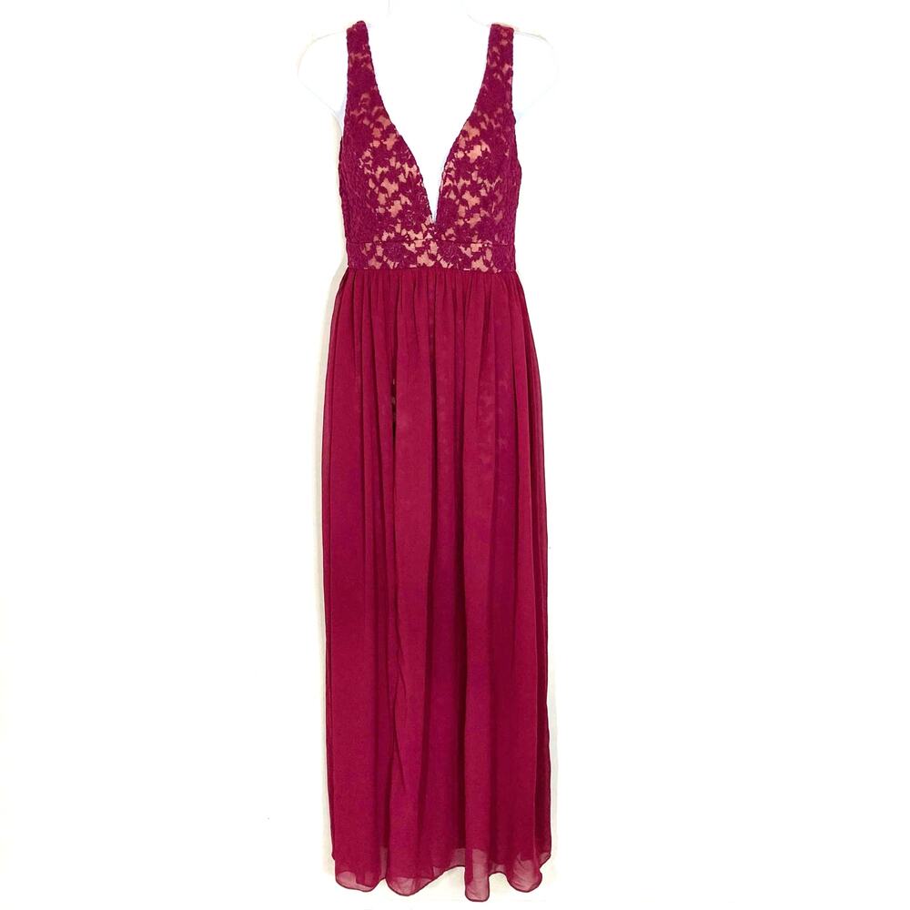 Lulu’s Make Way for Wonderful Berry Red Lace Maxi Dress Full Front Split Slit M - Picture 2 of 16